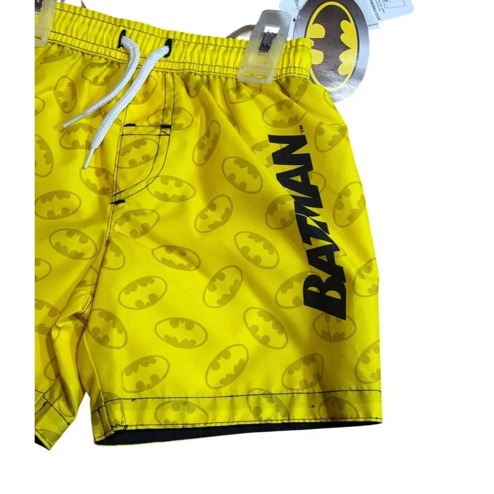 NWT Batman Elastic Toddler‎ Swim Trunks Yellow All Over Logo Print Drawstring 2T